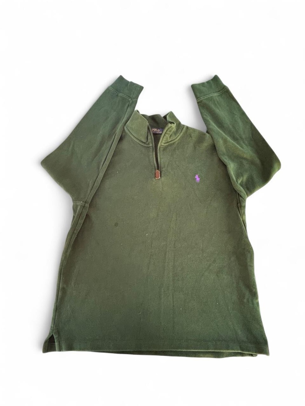 Ralph Lauren Olive Green Quarter-Zip Sweater with Purple Pony
